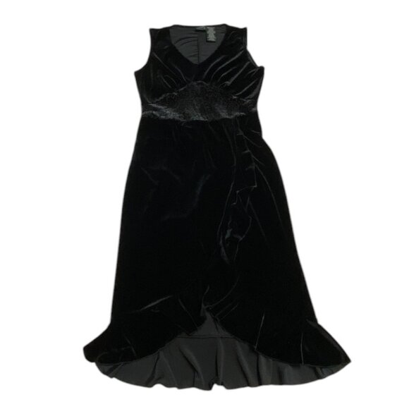 Vintage Studio V Neck Lace Waist Ruffle Hem Wrap Dress M Black Velour Sleeveless - Picture 8 of 12